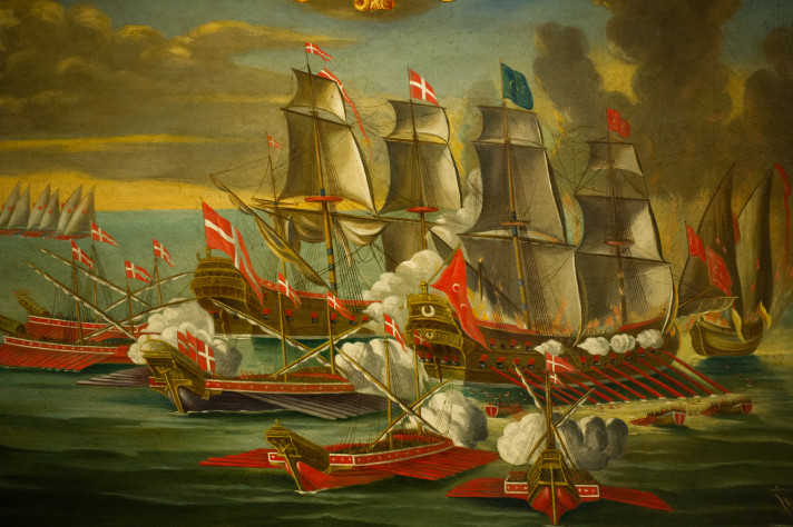 A painting of galleys of the Order of St John capturing a Turkish ship