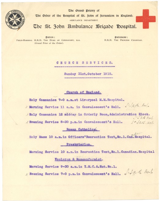Church Services, Sunday 31st October 1915