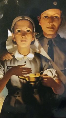 Painting of male and female St John Ambulance cadets, girl is holding an oil lamp"