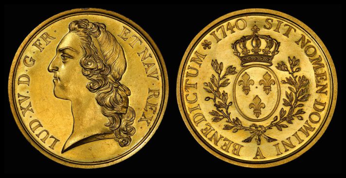 ALT="gold coins showing head of King Louis XV and royal arms"