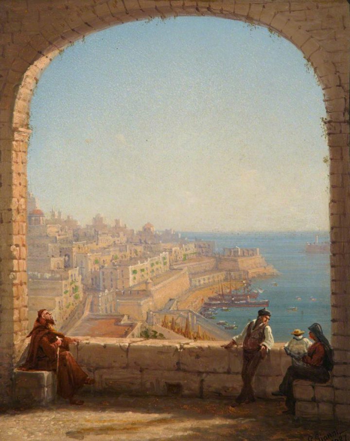 Painting by Giancinto Gianni of three figures looking out over the city of Valletta through a large arch on a sunny day.