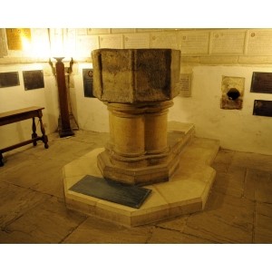 The thireenth century font basin in the Priory Crypt in Clerkenwell