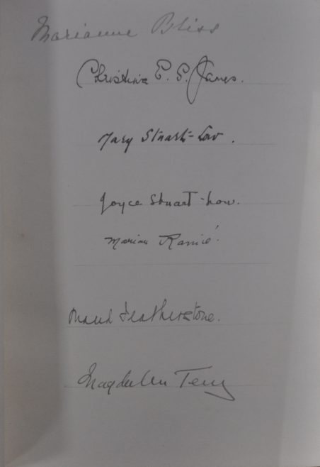 One of the pages of signatures, including that of Maud Featherstone, who took over from Mrs Darlow as quartermaster.