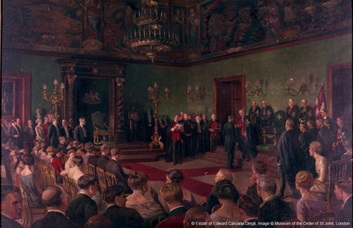 The Pilgrimage of 1926. The Sub-Prior Investing the Governor of Malta with the Insignia of the Order of St. John in the Throne-Room of the Grand Master’s Palace at Valletta. LDOSJ1780