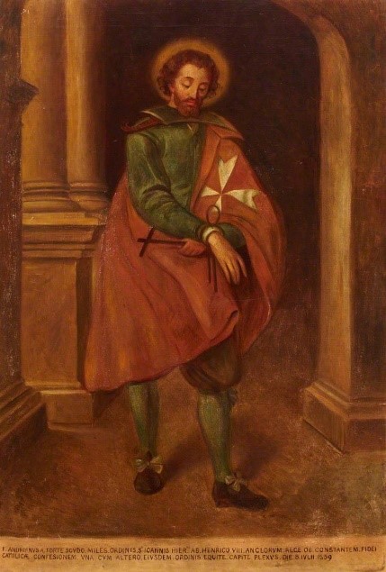 Painting of a Adrian Fortescue wearing a read robe with the St john Cross on it under an archway.