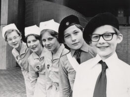 Black and white photograph of three girls and two boys in St John Ambulance Cadet uniforms