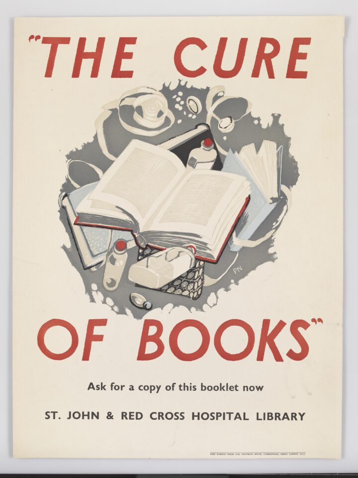 A poster with a painted image of a book in front of medical items suck as pill bottles with 'THE CURE OF BOOKS' in red block capitals.