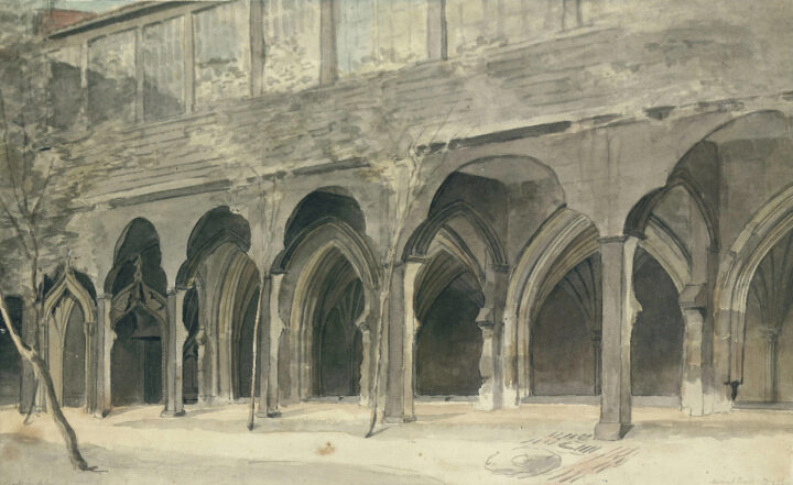 watercolour painting in muted colours showing cloisters and arches of an old building