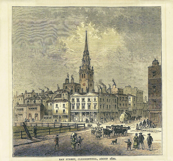 A detailed coloured illustration of a church spire and street scene.