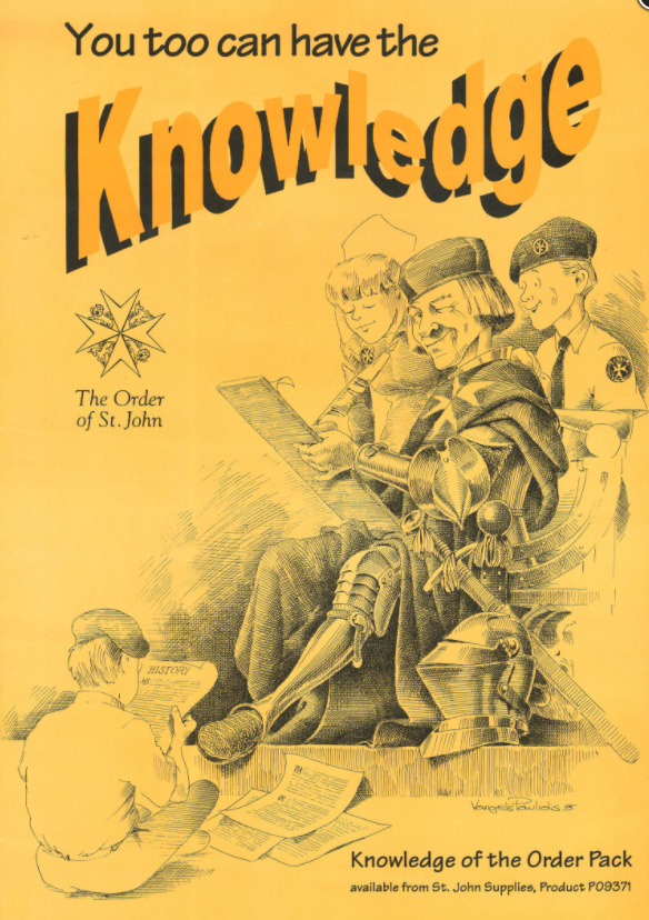 A yellow poster with an illustration of a Knight in armour reading from a board to three cadets in uniform.