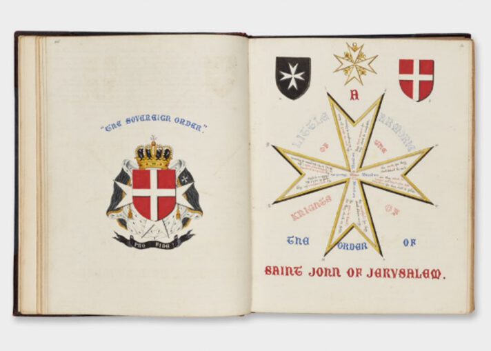 Photograph of the double page spread of an open book with illustrations of the arms of the Priory of England of the Order of St John on the left and an annotated eight-pointed cross on the right.