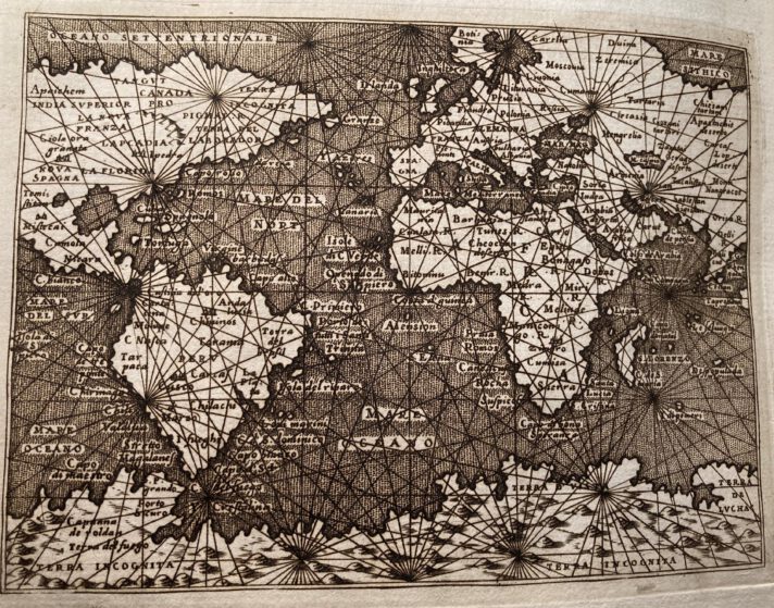 Engraved black and white mappemonde.