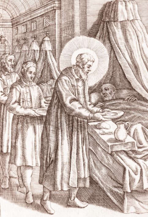 Black and white illustration of a man with a halo around his head serving a meal to a man lying in bed.