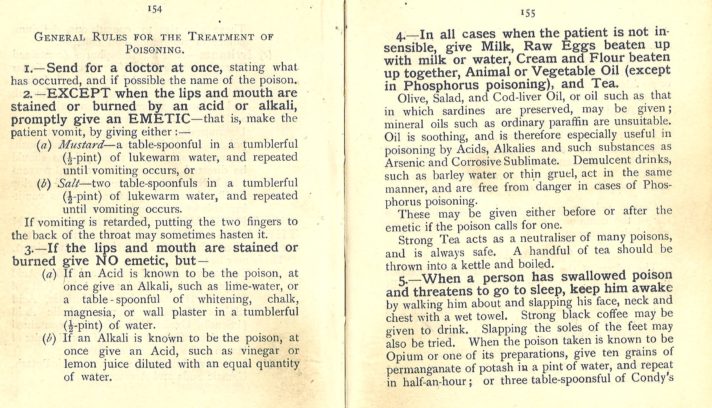 A book open at two pages which describe 5 general rules for the treatment of poisoning.