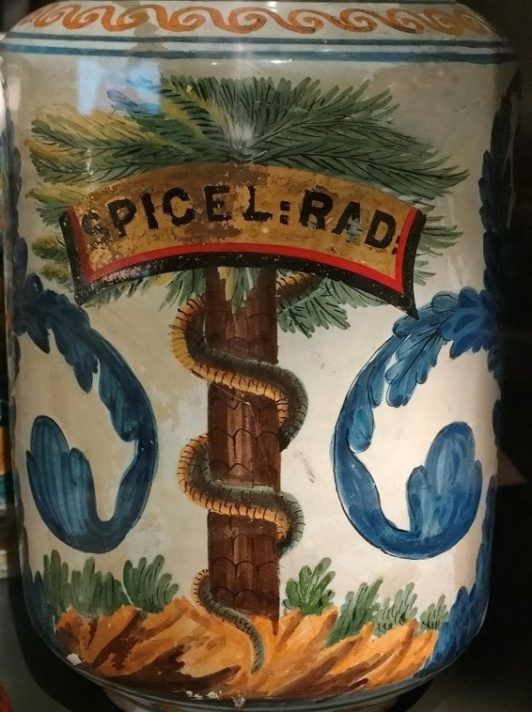 ALT="glazed ceramic pharmacy jar with illustration of serpent wrapped around tree with blue feathers on either side, 'SPICEL:RAD' on a banner at the top"