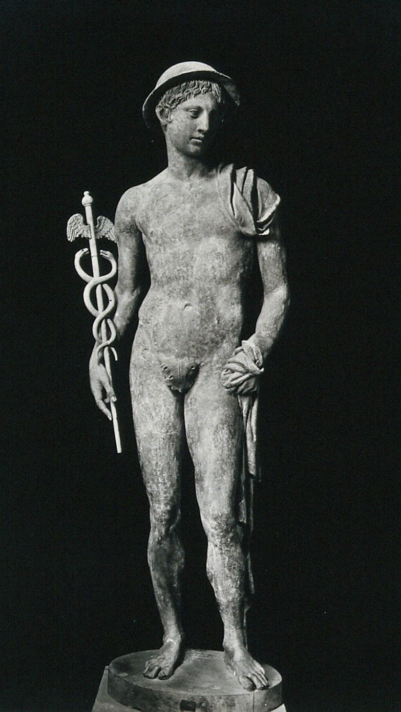 ALT="statue of a young man in a helmet holding a staff encircled by two serpents and topped with wings"