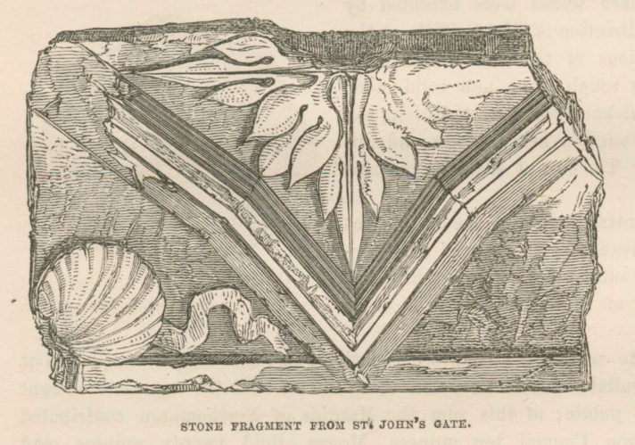 ALT="A pencil-drawn illustration of a fragment of architectural stone with leaf and shell decorations"