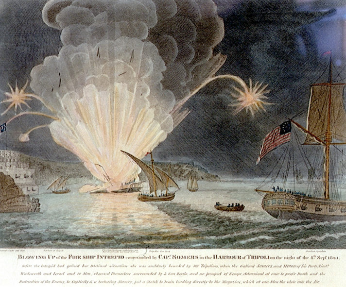 ALT="a coloured print of a large explosion from a ship in the port of Tripoli, in the foreground is a ship flying the flag of the United States"