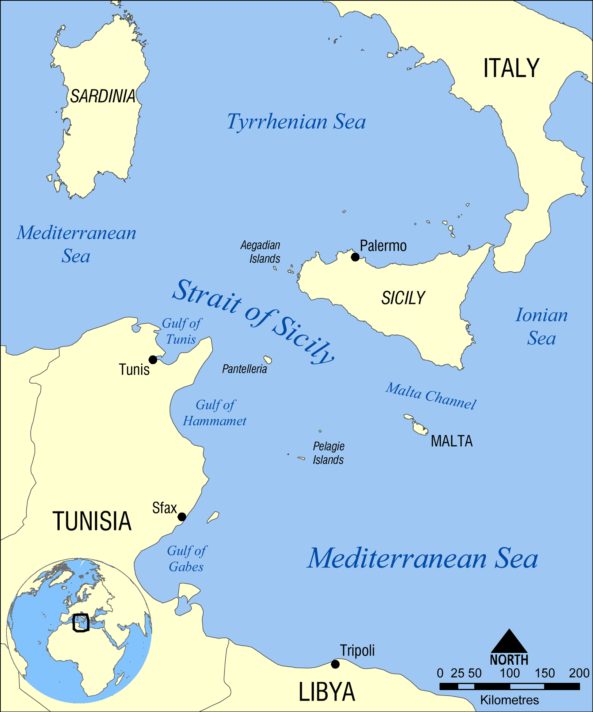 ALT="a map of a section of the Mediterranean, with Malta to the right of centre underneath Sicily and parts of Tunisia and Libya visible at the bottom"