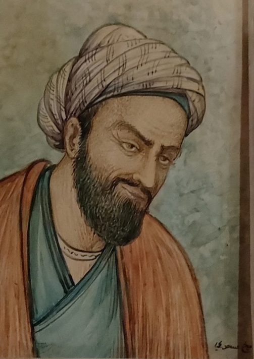 Watercolour painting of a lightly tanned older man with a well shaped dark beard and a white turban.