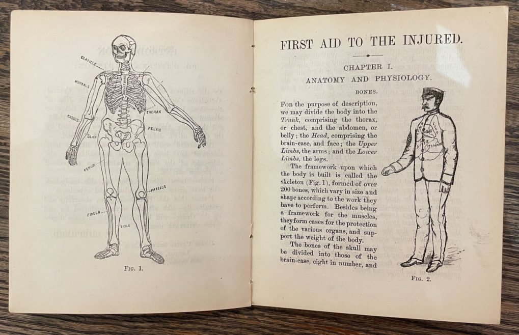 An example of some of the pages of First Aid to the Injured.