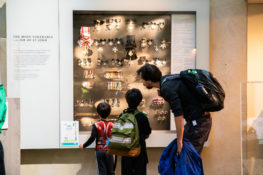 A father and his two sons peering into a case displaying some of the Museum's medal collection.