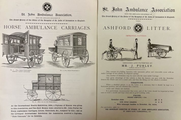 St John Ambulance Association Equipment advertisements with text and illustrations relating to horse ambulance carriages and the Ashford Litter, 1880s.