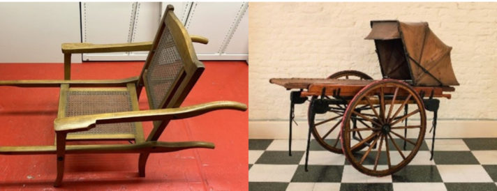 Left image: wooden invalid carry chair with cane seat and back support and carry handles at front and backRight image: Ashford Litter with two large wooden wheels either side of stretcher and brown canvas hood above, standing in room with black and white checkered floor