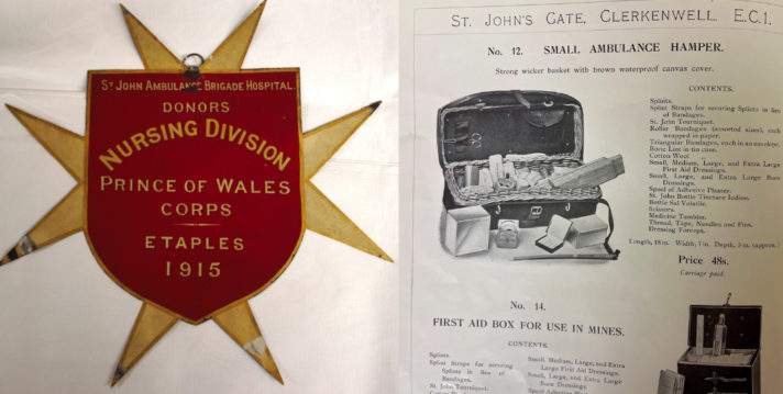Left image: metal plaque with yellow eight pointed cross and red shield superimposed in centre with yellow painted text reading ‘St. John Ambulance Brigade Hospital Donors Nursing Division Prince of Wales Corps Etaples 1915’Right image: page from the St John Ambulance Price List of the ‘No.12 Small Ambulance Hamper’, black and white image of fabric covered wicker hamper with contents including bandages, splints, scissors and dressings, contents list on right hand side