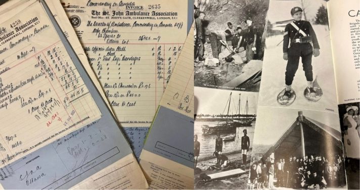 Left image shows fanned St John Ambulance Association Canada equipment order forms and invoices including lists of items and prices. The right image shows a colalge of photographs from a magazine showing St John Ambulance Equipment being used internationally including a Canadian member using snow shoes as part of his uniform, 1930s. 