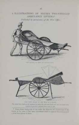 Two illustrations of the 'Neuss' ambulance litter.The litter is a length of rectangular wood to carry a person lying down, with a large wooden wheel on either of the long sides. It has a hood at one end (where a person's head would be in they were lying down) which can be pulled over the person to hide or protect their face. the litter is moved by an individual who wheels it from one end. Each illustration shows the side view of the litter: one view shows a man wheeling it, the other view shows the litter standing unaided with its hood up.