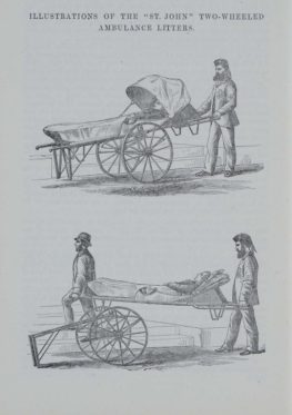 Two illustrations of the 'Neuss' ambulance litter.The litter is a length of rectangular wood to carry a person lying down, with a large wooden wheel on either of the long sides. It has a hood at one end (where a person's head would be in they were lying down) which can be pulled over the person to hide or protect their face. the litter is moved by an individual who wheels it from one end. Each illustration shows the side view of the litter: one view shows a man wheeling it, the other view shows two men wheeling it, with one standing at each end.