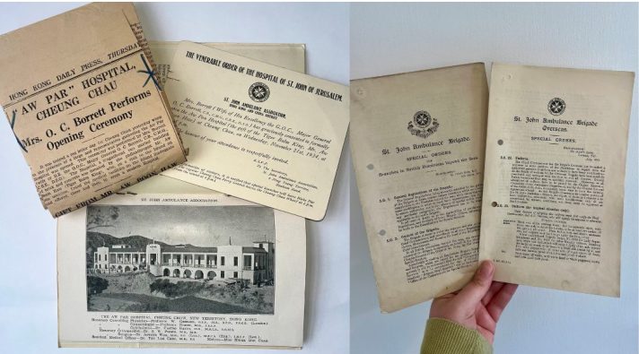 The left image includes a newspaper cutting, a photograph of a building and an invitation relating to SJAA Hong Kong and China district from the 1930s. The image on the right includes two SJAB Overseas special order documents on on branches in British Dominions beyond the seas and uniform.