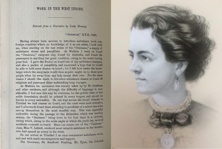 The image on the left is a page of Annie Brassey's article in the 1884 OSJ annual report on the SJAA work in the West Indies. The image on the right is a portrait of Annie Brassey. 