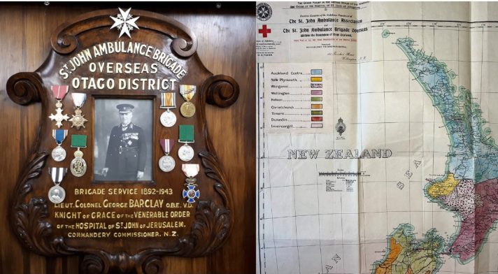 The image on the left is photo of a shield which is held in the Dunedin Area Archives which has the insignia of George Barclay, the father of St John Ambulance in New Zealand. The image on the right is a map of SJAA and SJAB Centres/Divisions in New Zealand. 