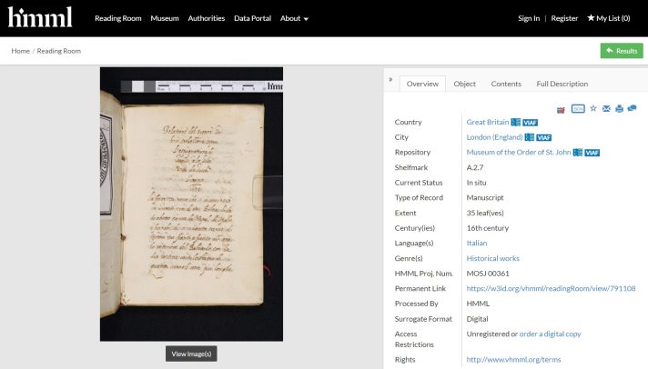 A screenshot of HMML webpage containing the digital version and catalogue record of one of the Library’s pamphlets. Available at https://w3id.org/vhmml/readingRoom/view/791108.