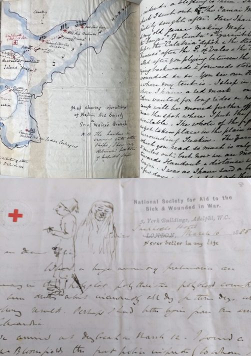 Top image: Hand drawn map and text from from Sir Vincent diary 1885 during Sudan campaign. Bottom image: Letter to Alice saying 'never felt better' 1885.