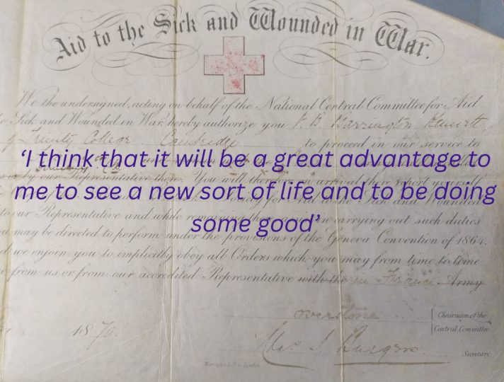 'I think that it will be a great advantage to me to see a new sort of life and to be doing some good' quote superimposed on certificate allowing Sir Vincent to act on behalf of the Aid to the Sick and Wounded in war organisation