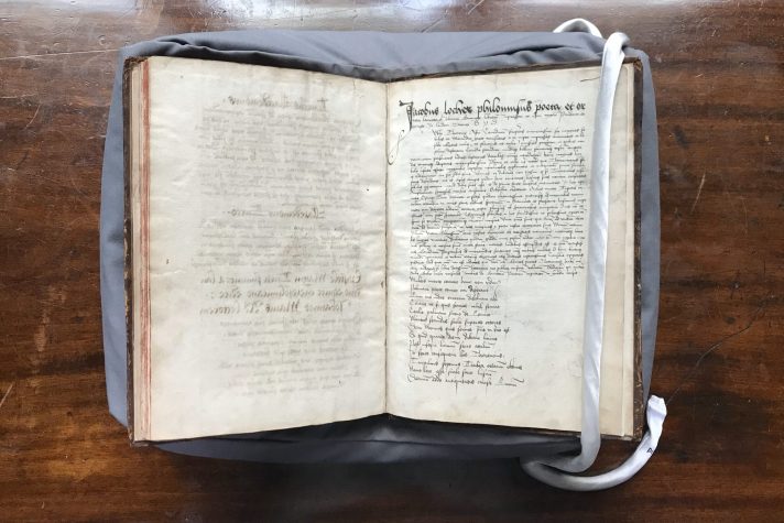 The book of the 'Peregrinationes' is open to its very last pages, showing the manuscript copy Jacobus Locher’s text.