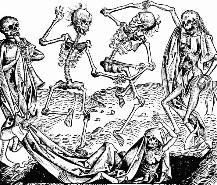 An illustration of dancing skeletons.