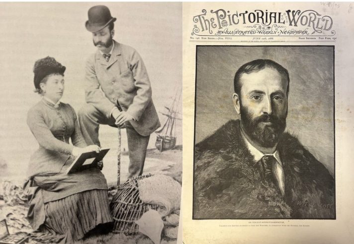 Left hand black and white photo of Sir Vincent and his wife Alice. Right hand image cover illustration in the Pictorial World of Sir Vincent on occasion of his knighthood in 1886