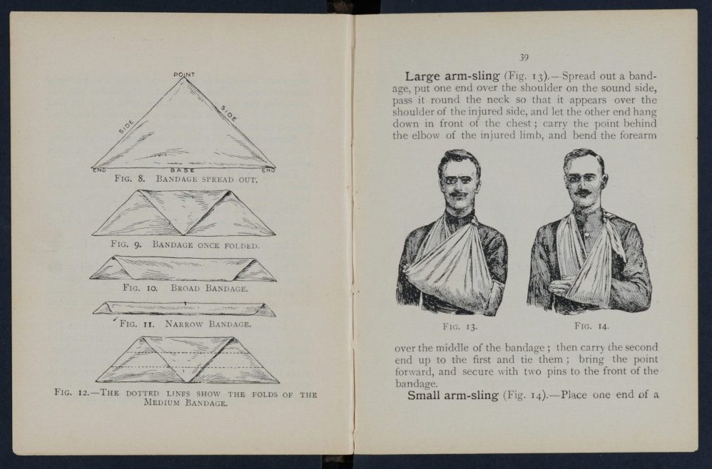 Pages from a copy of First Aid to the Injured, 11th edition, 1908.