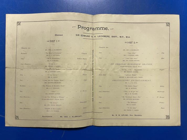 The pages list the programme for the Smoking Concert. Each act or entertainment is listed down the page.