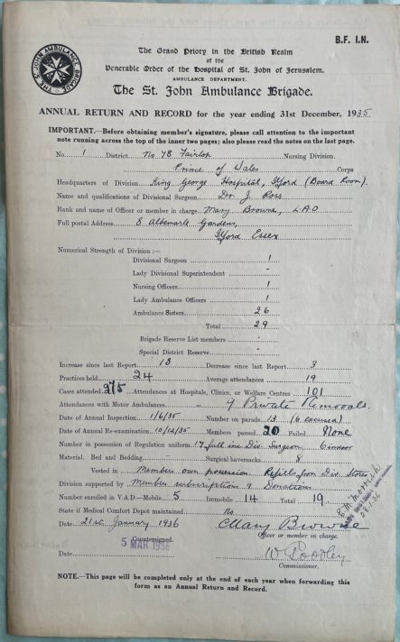 A close-up photograph of a document. The document provides handwritten information about the location of the No. 78 Fairlop Nursing Division, and includes statistics and information about numerical strength of the Division, and the activities and training of its members. 