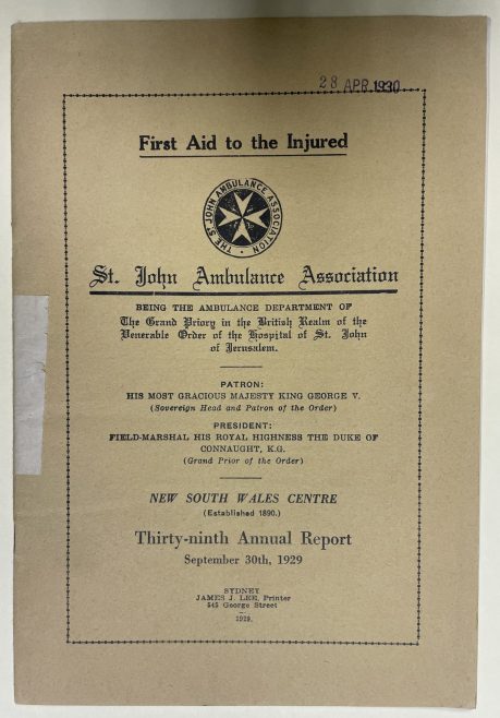 A photograph of an annual report from the St John Ambulance Association’s New South Wales Centre dated 1929.